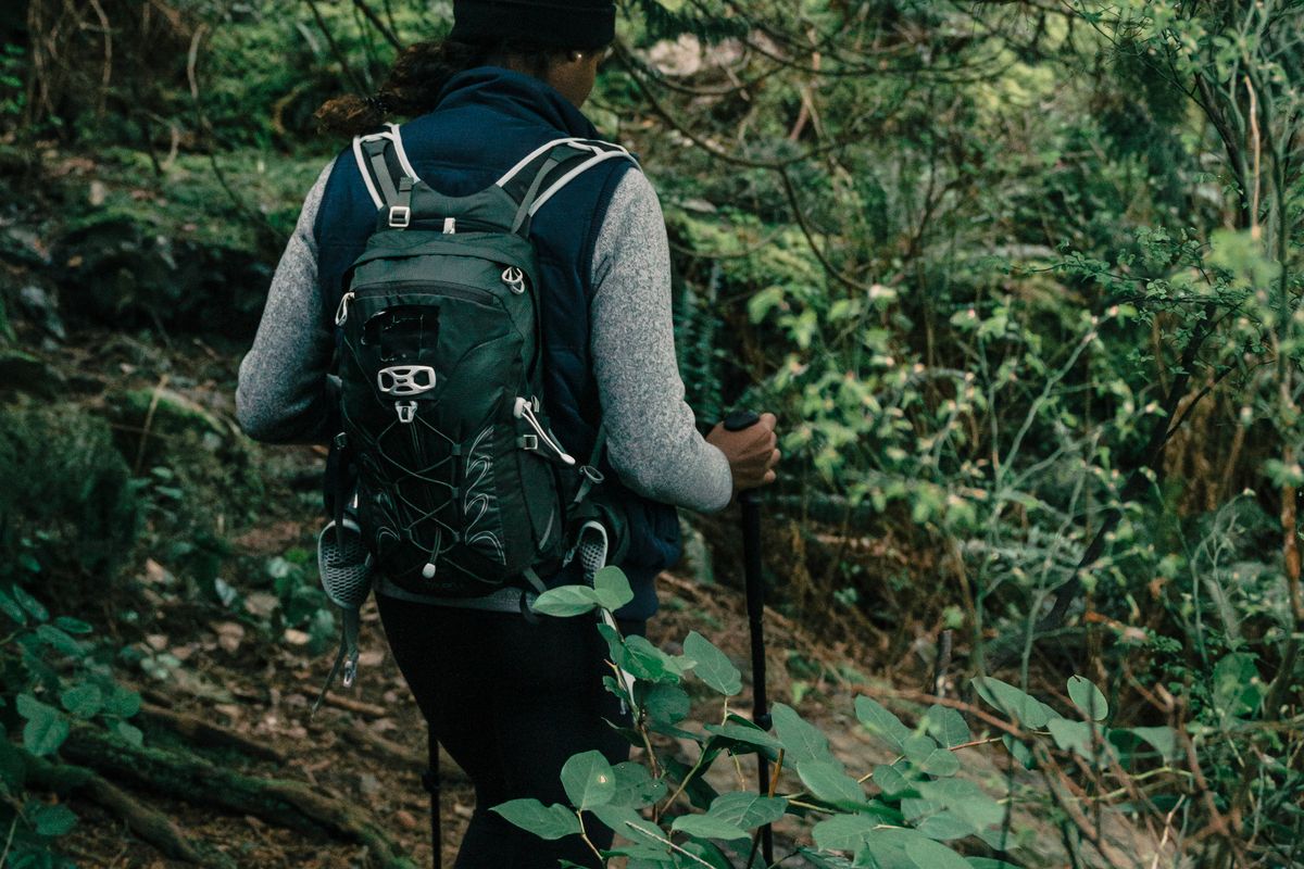 Woman hiking on a forest footpath with a daypack