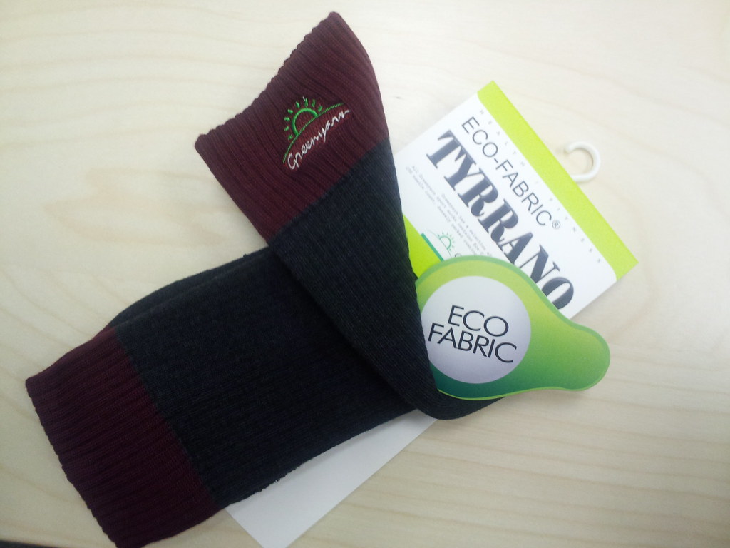 A pair of thick hiking socks laid out flat