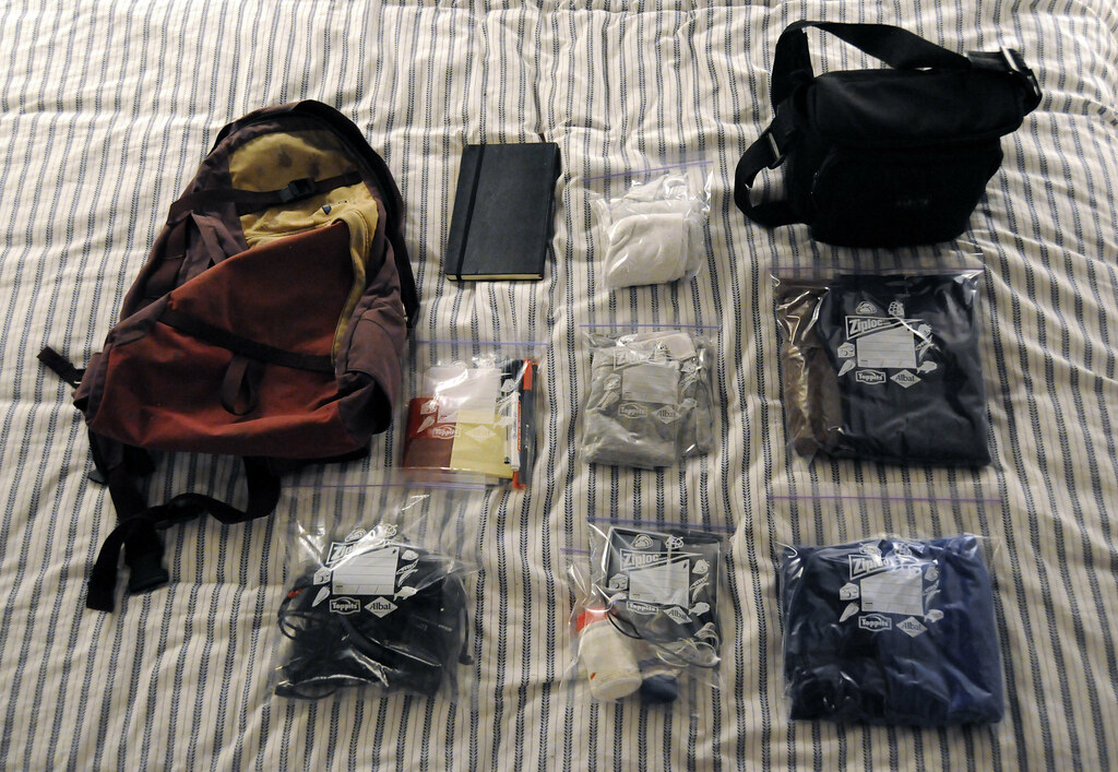 Backpack and luggage organized for a trip