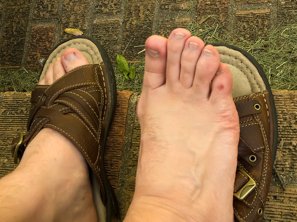 A new pair of sandals, brand marks still attached