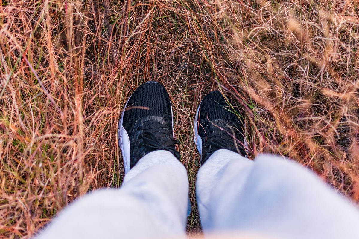 Black sneakers standing on grass
